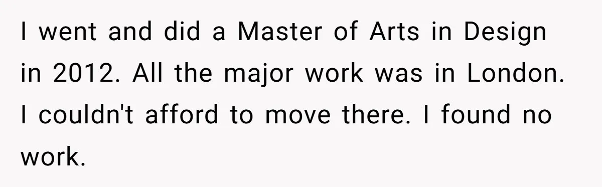 I went and did a Master of Arts in Design in 2012. All the major work was in London. I couldn't afford to move there. I found no work.