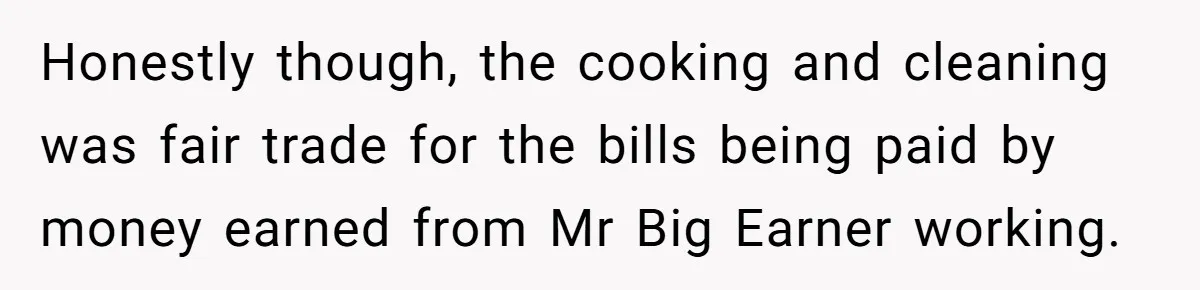 Honestly though, the cooking and cleaning was fair trade for the bills being paid by money earned from Mr Big Earner working.