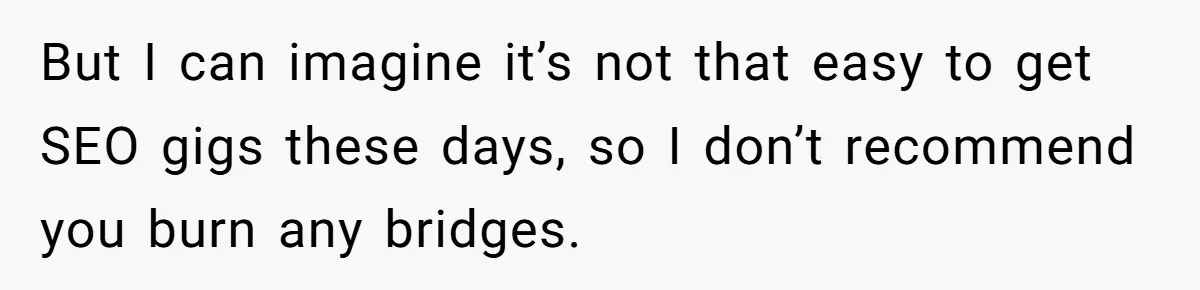 But I can imagine it’s not that easy to get SEO gigs these days, so I don’t recommend you burn any bridges.
