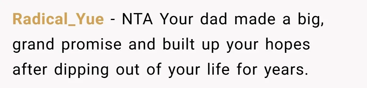 Radical_Yue − NTA Your dad made a big, grand promise and built up your hopes after dipping out of your life for years.