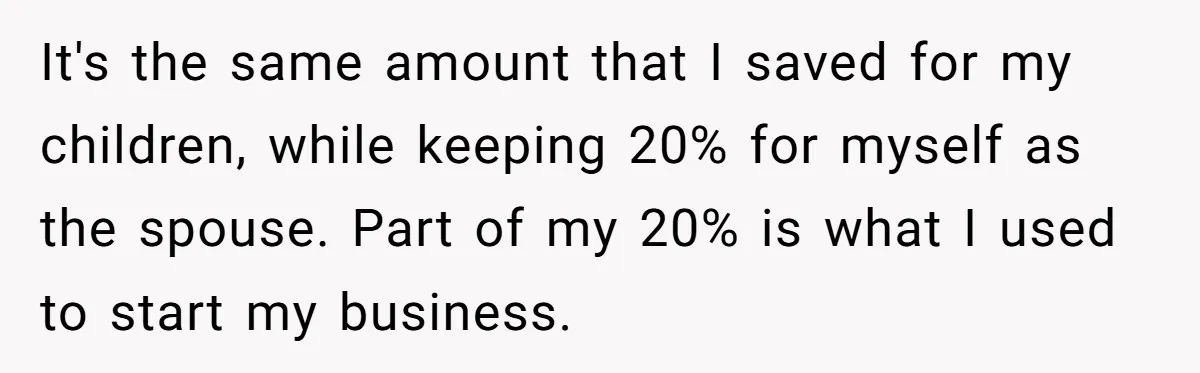 It's the same amount that I saved for my children, while keeping 20% for myself as the spouse. Part of my 20% is what I used to start my business.
