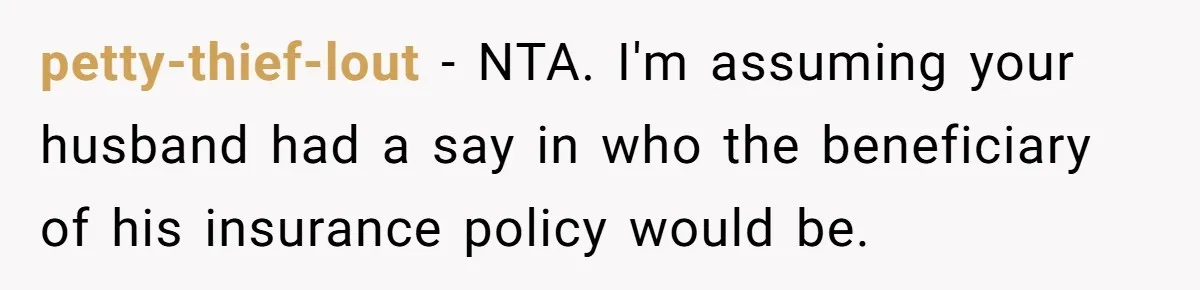 petty-thief-lout − NTA. I'm assuming your husband had a say in who the beneficiary of his insurance policy would be.