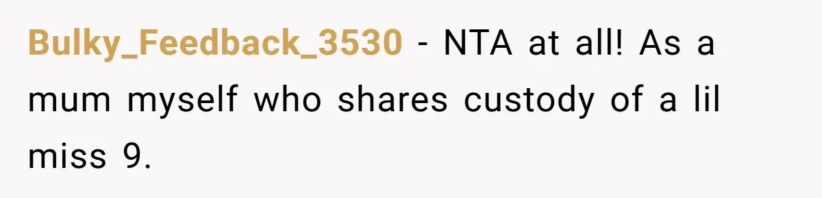 Bulky_Feedback_3530 − NTA at all! As a mum myself who shares custody of a lil miss 9.