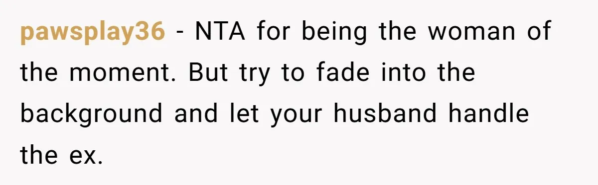 pawsplay36 − NTA for being the woman of the moment. But try to fade into the background and let your husband handle the ex.