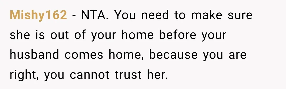 Mishy162 − NTA. You need to make sure she is out of your home before your husband comes home, because you are right, you cannot trust her.