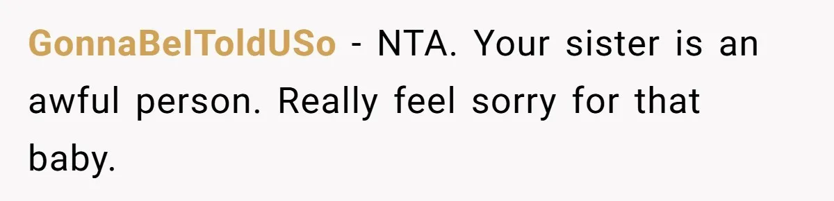 GonnaBeIToldUSo − NTA. Your sister is an awful person. Really feel sorry for that baby.