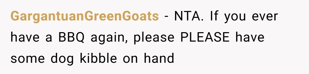 GargantuanGreenGoats − NTA. If you ever have a BBQ again, please PLEASE have some dog kibble on hand