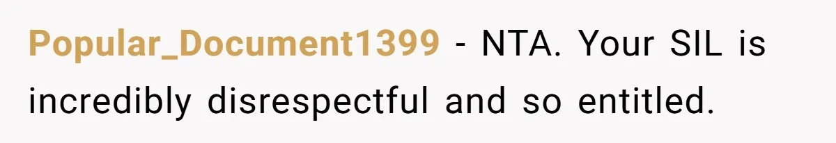 Popular_Document1399 − NTA. Your SIL is incredibly disrespectful and so entitled.