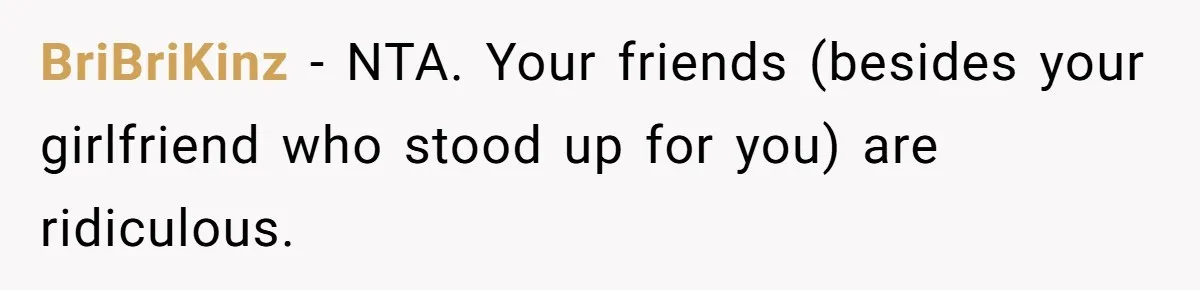 BriBriKinz − NTA. Your friends (besides your girlfriend who stood up for you) are ridiculous.