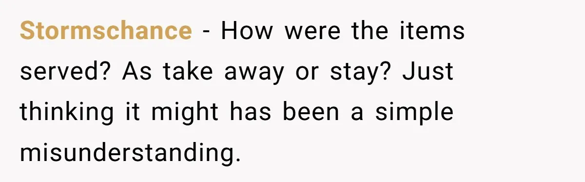 Stormschance − How were the items served? As take away or stay? Just thinking it might has been a simple misunderstanding.