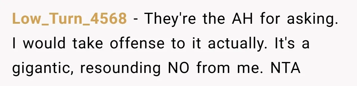 Low_Turn_4568 − They're the AH for asking. I would take offense to it actually. It's a gigantic, resounding NO from me. NTA