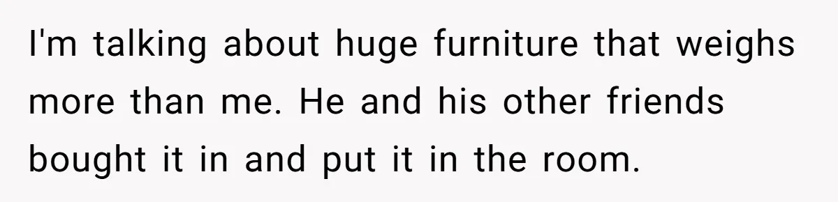 I'm talking about huge furniture that weighs more than me. He and his other friends bought it in and put it in the room.