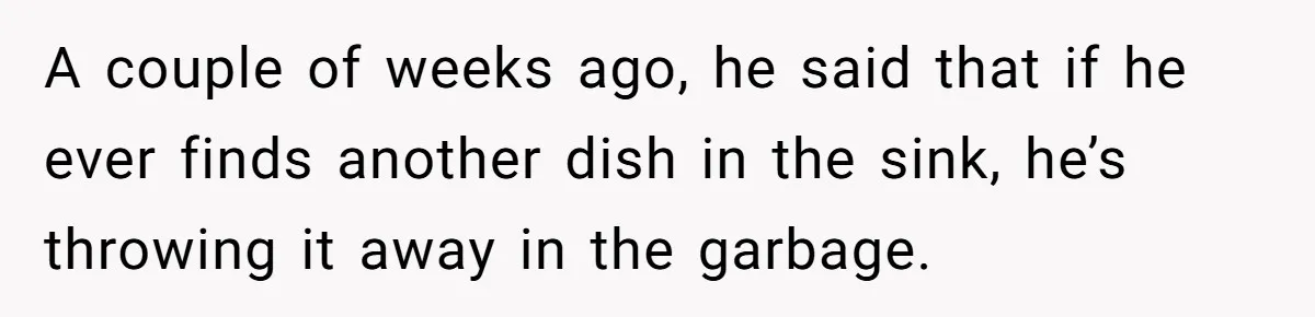 A couple of weeks ago, he said that if he ever finds another dish in the sink, he’s throwing it away in the garbage.