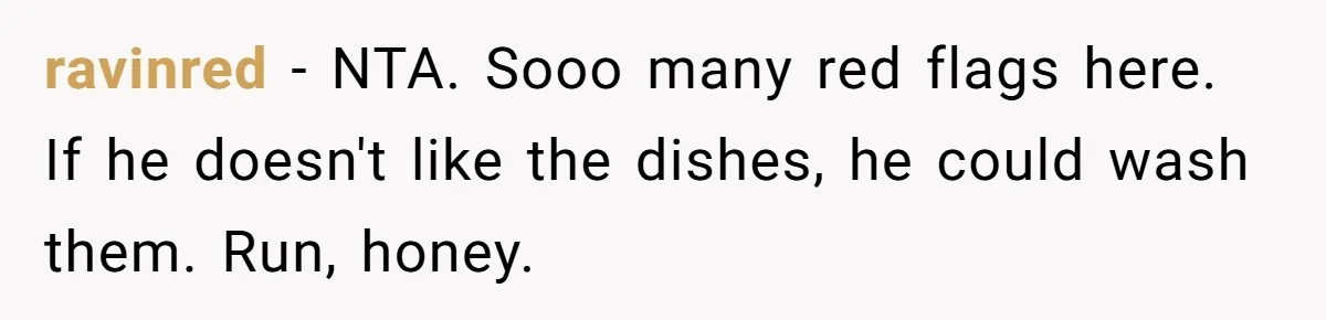 ravinred − NTA. Sooo many red flags here. If he doesn't like the dishes, he could wash them. Run, honey.