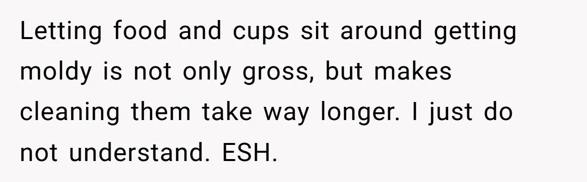 Letting food and cups sit around getting moldy is not only gross, but makes cleaning them take way longer. I just do not understand. ESH.