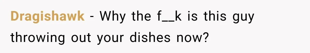 Dragishawk − Why the f__k is this guy throwing out your dishes now?