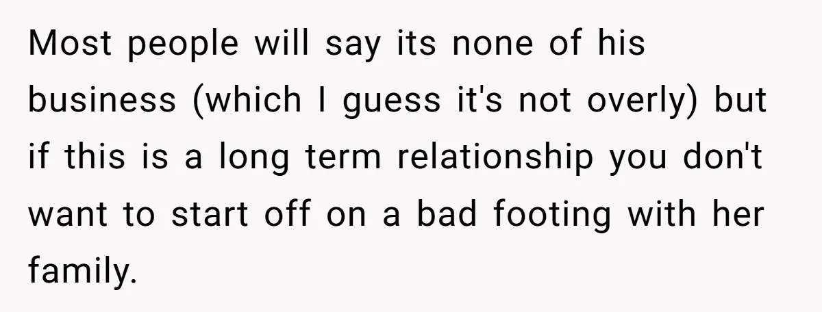 Most people will say its none of his business (which I guess it's not overly) but if this is a long term relationship you don't want to start off on...