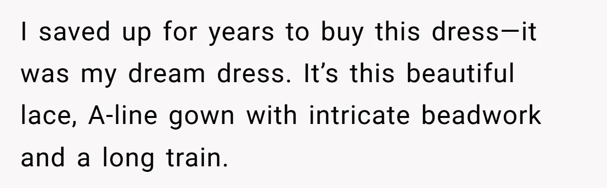I saved up for years to buy this dress—it was my dream dress. It’s this beautiful lace, A-line gown with intricate beadwork and a long train.