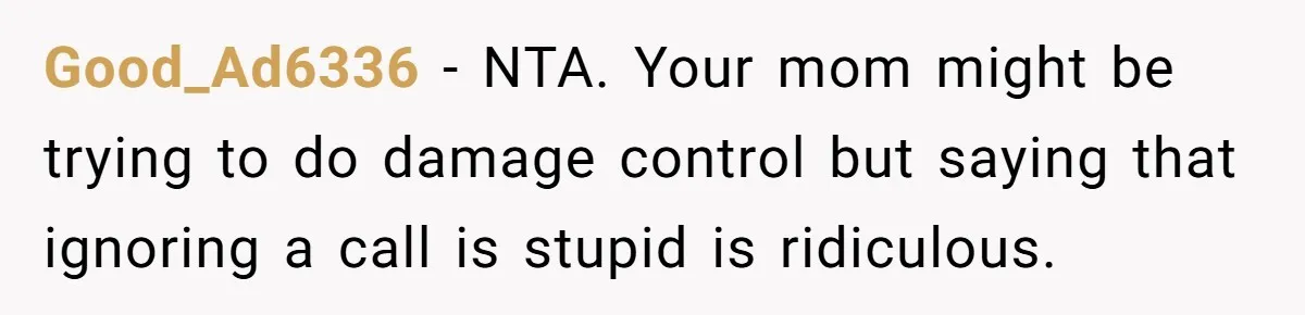 Good_Ad6336 − NTA. Your mom might be trying to do damage control but saying that ignoring a call is stupid is ridiculous.