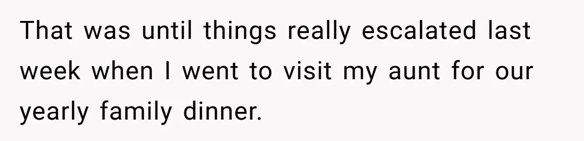 That was until things really escalated last week when I went to visit my aunt for our yearly family dinner.