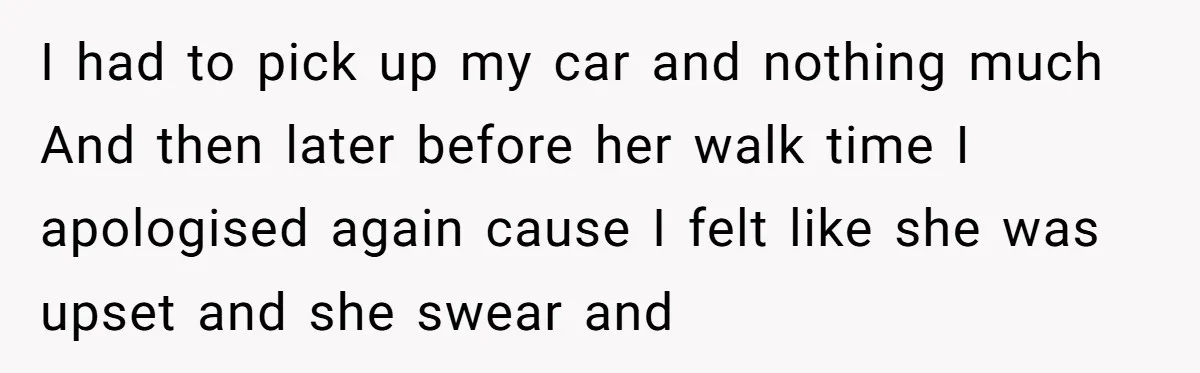 I had to pick up my car and nothing much And then later before her walk time I apologised again cause I felt like she was upset and she swear...