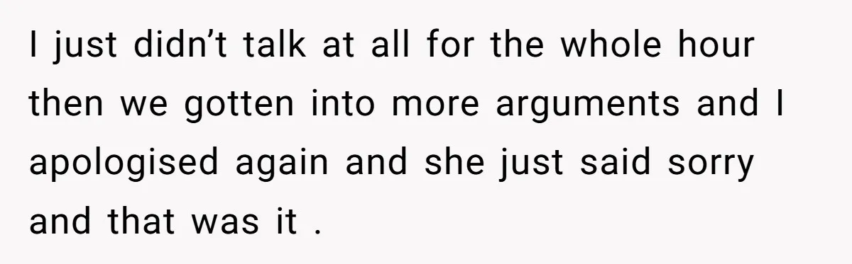I just didn’t talk at all for the whole hour then we gotten into more arguments and I apologised again and she just said sorry and that was it .