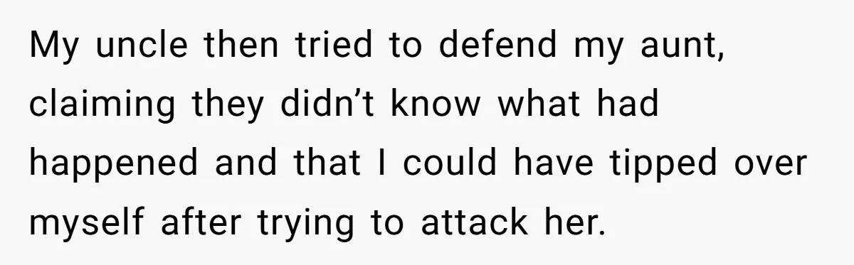 My uncle then tried to defend my aunt, claiming they didn’t know what had happened and that I could have tipped over myself after trying to attack her.
