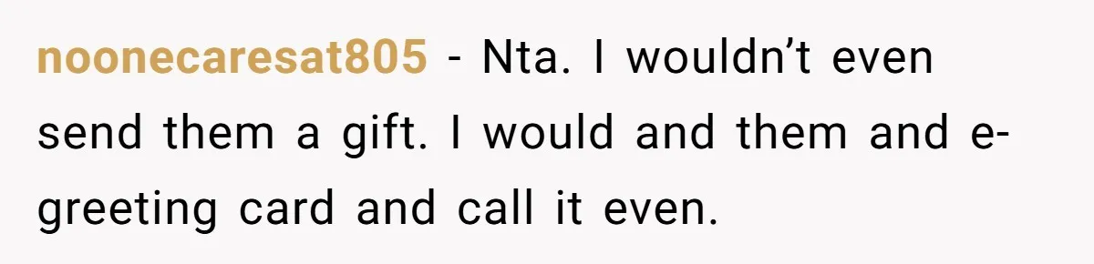 noonecaresat805 − Nta. I wouldn’t even send them a gift. I would and them and e-greeting card and call it even.