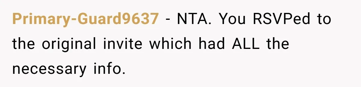 Primary-Guard9637 − NTA. You RSVPed to the original invite which had ALL the necessary info.