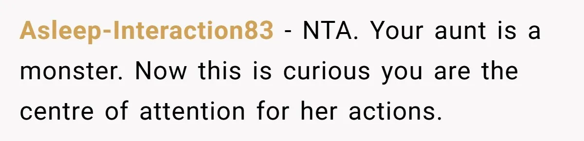 Asleep-Interaction83 − NTA. Your aunt is a monster. Now this is curious you are the centre of attention for her actions.