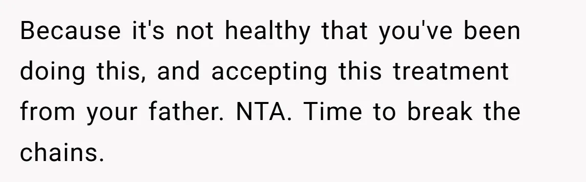 Because it's not healthy that you've been doing this, and accepting this treatment from your father. NTA. Time to break the chains.