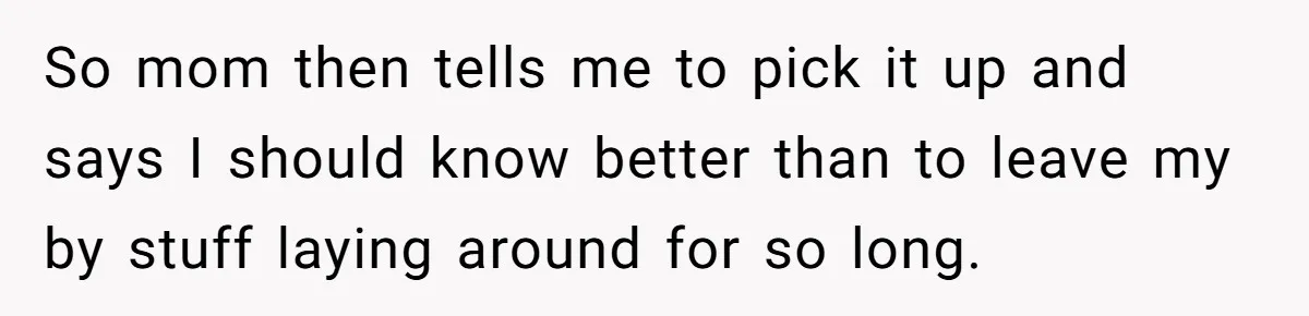 So mom then tells me to pick it up and says I should know better than to leave my by stuff laying around for so long.
