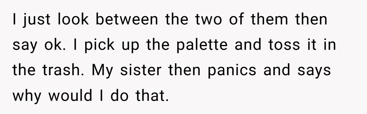 I just look between the two of them then say ok. I pick up the palette and toss it in the trash. My sister then panics and says why would...