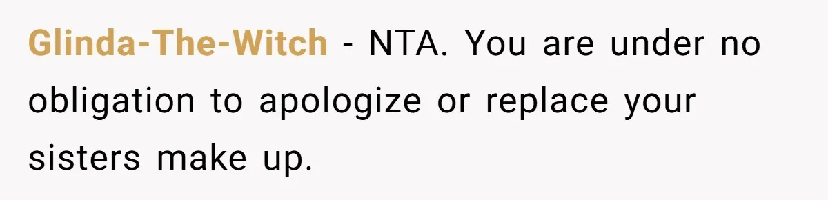 Glinda-The-Witch − NTA. You are under no obligation to apologize or replace your sisters make up.
