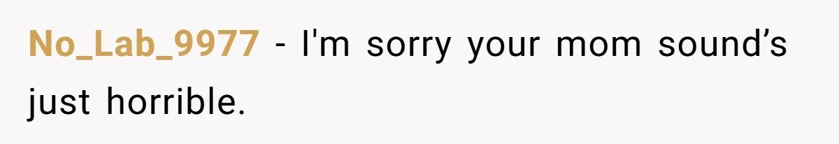 No_Lab_9977 − I'm sorry your mom sound’s just horrible.