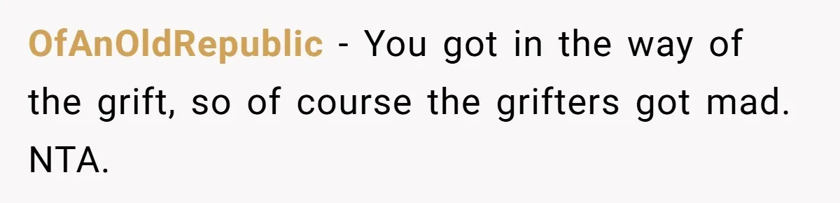 OfAnOldRepublic − You got in the way of the grift, so of course the grifters got mad. NTA.