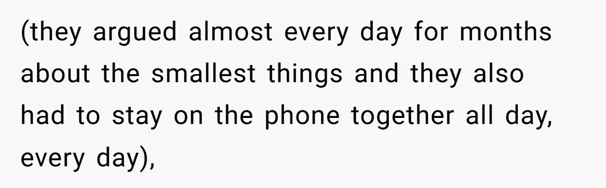 (they argued almost every day for months about the smallest things and they also had to stay on the phone together all day, every day),