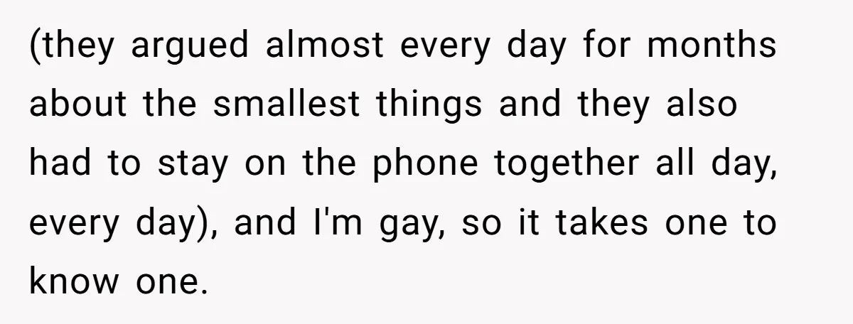 (they argued almost every day for months about the smallest things and they also had to stay on the phone together all day, every day), and I'm gay, so it...