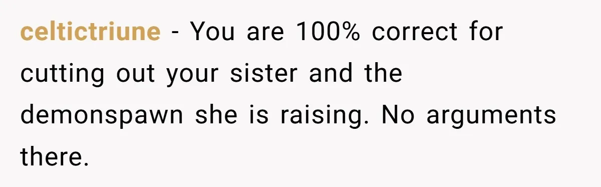 celtictriune − You are 100% correct for cutting out your sister and the demonspawn she is raising. No arguments there.