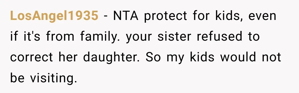 LosAngel1935 − NTA protect for kids, even if it's from family. your sister refused to correct her daughter. So my kids would not be visiting.