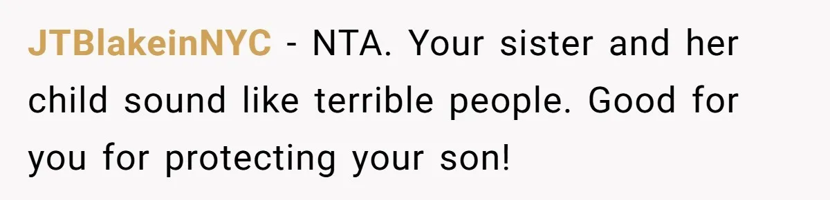 JTBlakeinNYC − NTA. Your sister and her child sound like terrible people. Good for you for protecting your son!