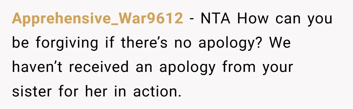 Apprehensive_War9612 − NTA How can you be forgiving if there’s no apology? We haven’t received an apology from your sister for her in action.