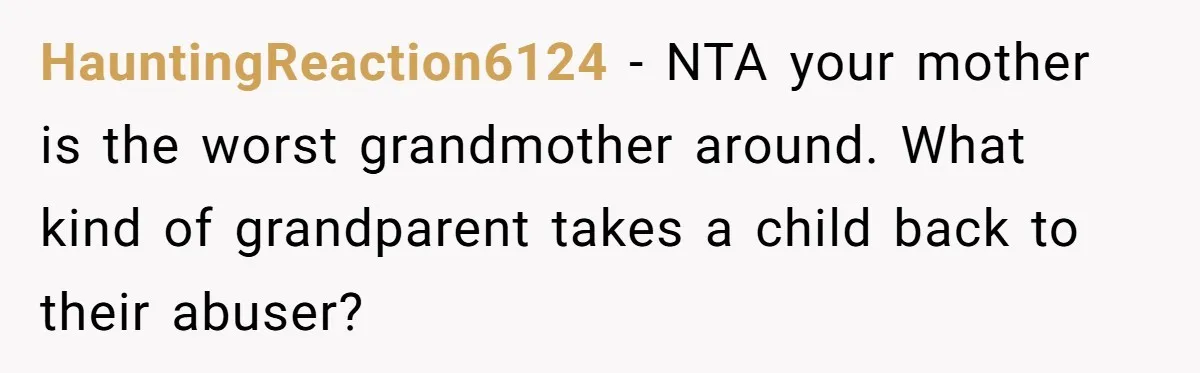 HauntingReaction6124 − NTA your mother is the worst grandmother around. What kind of grandparent takes a child back to their abuser?