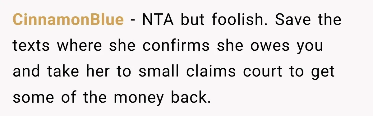 CinnamonBlue − NTA but foolish. Save the texts where she confirms she owes you and take her to small claims court to get some of the money back.