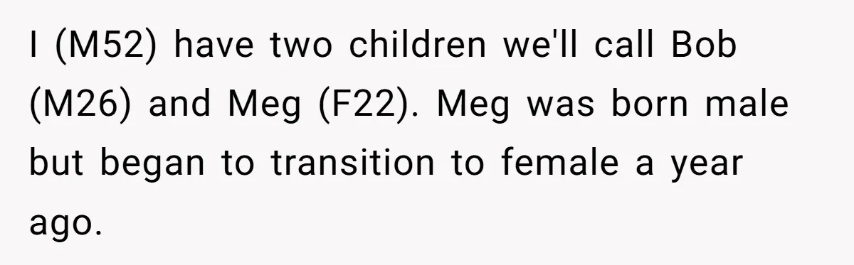 I (M52) have two children we'll call Bob (M26) and Meg (F22). Meg was born male but began to transition to female a year ago.