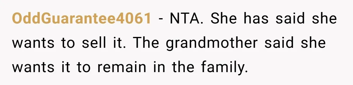 OddGuarantee4061 − NTA. She has said she wants to sell it. The grandmother said she wants it to remain in the family.