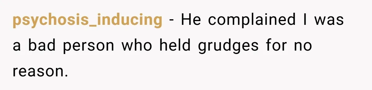 psychosis_inducing − He complained I was a bad person who held grudges for no reason.