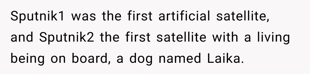 Sputnik1 was the first artificial satellite, and Sputnik2 the first satellite with a living being on board, a dog named Laika.