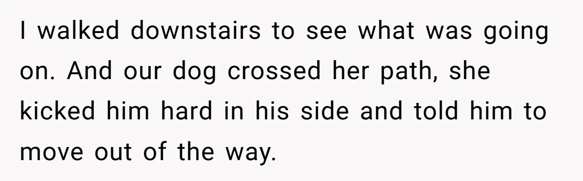 I walked downstairs to see what was going on. And our dog crossed her path, she kicked him hard in his side and told him to move out of the...