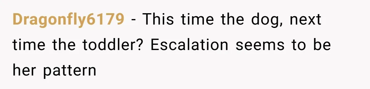 Dragonfly6179 − This time the dog, next time the toddler? Escalation seems to be her pattern